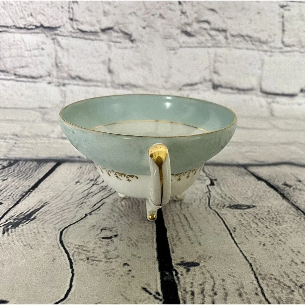Vintage Hand Painted Rose Motif Japan Blue‎ Porcelain Teacup Gold Accents